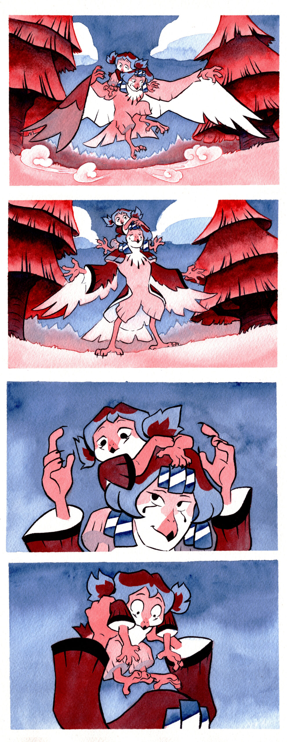 Panel 1: Aria lands on the ground surrounded by ruby red pine trees. Kia clings to her, still riding on her shoulders, and looks around at where they're landing. Panel 2: Now standing on the ground, Aria manipulates her giant flying wings and tail back into feathers that resemble sleeves, shoulder pads and the end of a tailcoat. Kia sits on her shoulders, looking at her. Panel 3: Close on Kia on Aria's shoulder as Aria looks at her and brings her clawed hands up to her. Panel 4: Aria gently picks Kia up, plucking her from sitting on Aria's shoulders. Kia's limbs dangle as she looks surprised.