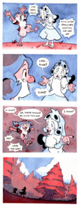 Panel 1: Kia gestures with both claws reaching up above her head. Kalla looks at her inquisitively. Kia: Like real tall! With lotsa branches goin' all the way up! Panel 2: Kia's face in the foreground looks excitedly at a shrugging Kalla in the background. Kalla: Like...pine? Kia: Sure Panel 3: Kalla leads the way, gingerly pointing ahead of her while Kia excitedly follows behind her. Kalla: O-okay? Er, there should be some this way I think? Kia: Yay! Lead the way! Panel 4: Tiny silhouettes of Kia and Kalla traipse along toward a massive pine tree among many other red pine trees, a cloudy sky above them.