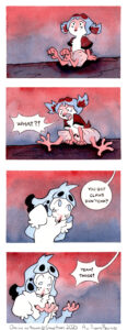 Panel 1: Kia sits on the bough of the tree, face blank. Panel 2: Kia reacts to Kalla's statement from the previous page of not having climbed a tree before. She shouts down at Kalla in disbelief. Kia: WHAT?! Panel 3: Kalla looks sheepishly up at Kia (offscreen), her hands ticker behind her back and blushing in embarrassment. Kia: You got claws don'tcha? Panel 4: Kalla brings her claws in front of her, palms up and stares at them. Kia: Yeah! Those!