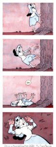 Panel 1: Kalla stands on one tiptoe as she uses her other footclaw and both of her handclaws to hoist herself up the trunk of the tree. Panel 2: Kalla loses her grip and falls awkwardly back. Panel 3: Kalla lies on her back with her eyes wide in embarrassed shock with all of her limbs in the air. Kia (offscreen): Oh Panel 4: Close on Kalla as she lies in the grass, eyes closed with an expression of frustration.