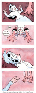 Panel 1: Kalla lies flat in the grass, her half-open eyes looking at Kia's claw in the foreground. Panel 2: Kia hangs upside down with a gentle expression, claws open and reaching forward. Kia: Heh, It's ok, I gotcha Panel 3: Close on Kalla's face in profile as she looks up toward Kia (offscreen). Her eyes are wide, she has a subtle smile and is blushing. Panel 4: Kalla's claw reaches for Kia's claws that are hanging down.