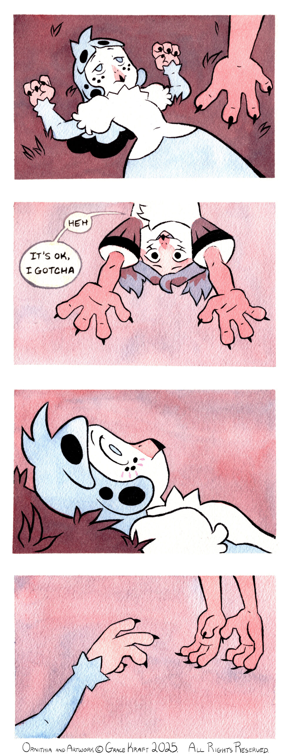 Panel 1: Kalla lies flat in the grass, her half-open eyes looking at Kia's claw in the foreground. Panel 2: Kia hangs upside down with a gentle expression, claws open and reaching forward. Kia: Heh, It's ok, I gotcha Panel 3: Close on Kalla's face in profile as she looks up toward Kia (offscreen). Her eyes are wide, she has a subtle smile and is blushing. Panel 4: Kalla's claw reaches for Kia's claws that are hanging down.